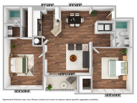Floor plan for 2 beds, 2 baths, 1160 sqft